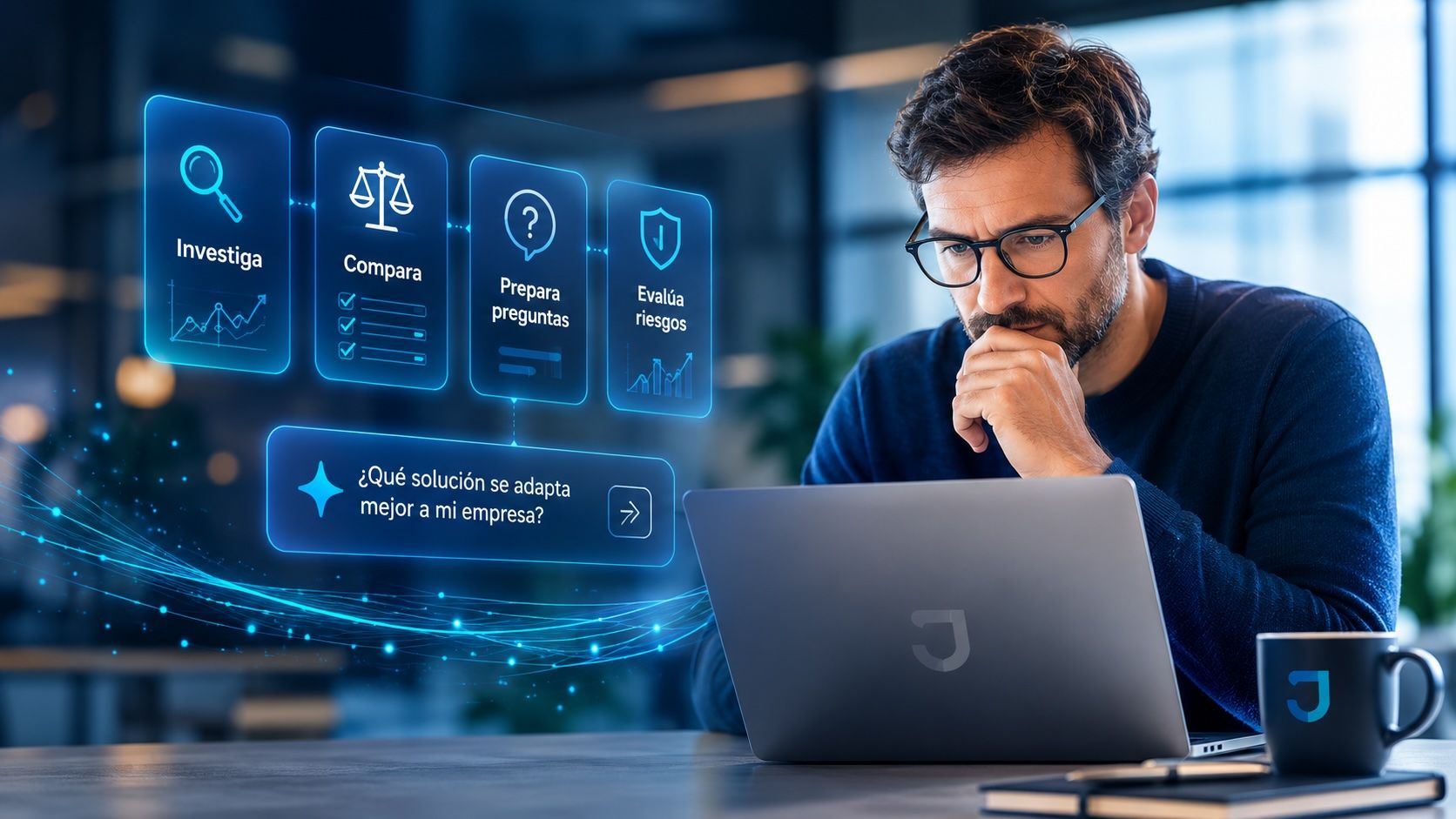 Comprador B2B utilizando inteligencia artificial para investigar y comparar soluciones antes de hablar con un vendedor