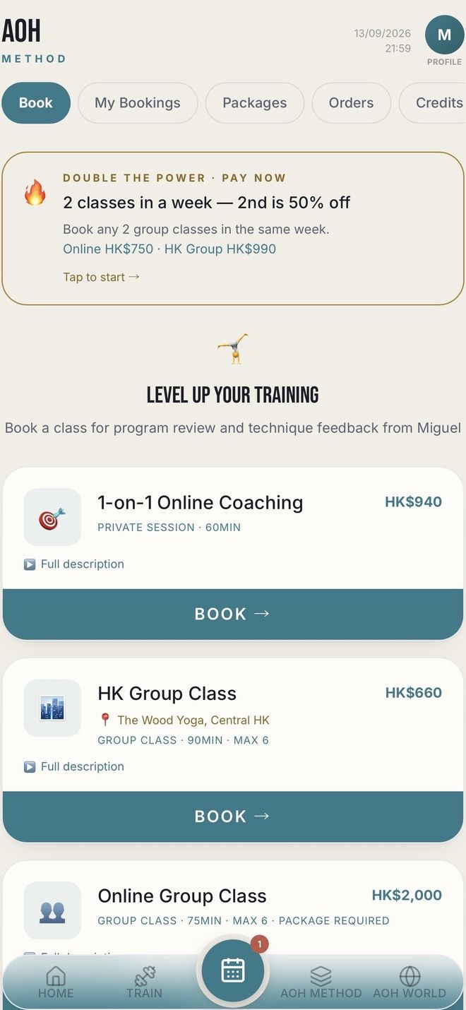 Booking a class in the AoH Practice App