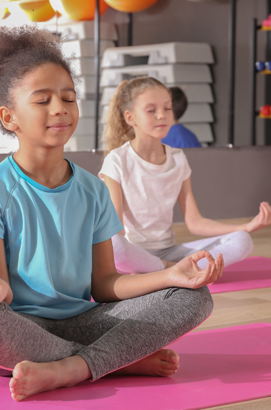 A group of children is sitting on pink mats, legs crossed in front of them and hands resting on each knee respectively. They gently press their thumbs and index fingers together and have their eyes closed.