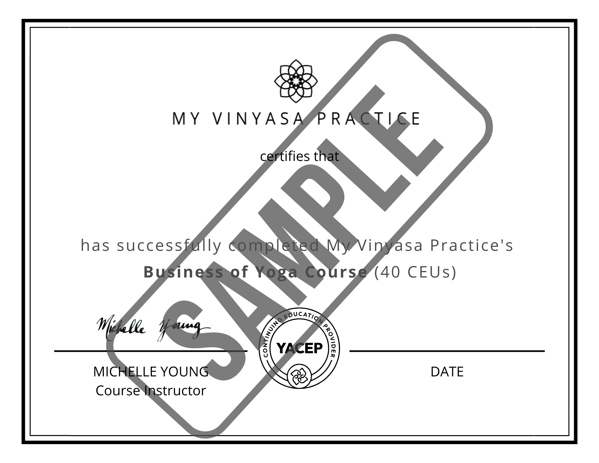 A sample certificate for My Vinyasa Practice's Somatic Healing Certification