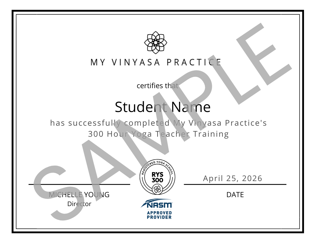 A sample certificate for My Vinyasa Practice's 200-hour Yoga Teacher Training