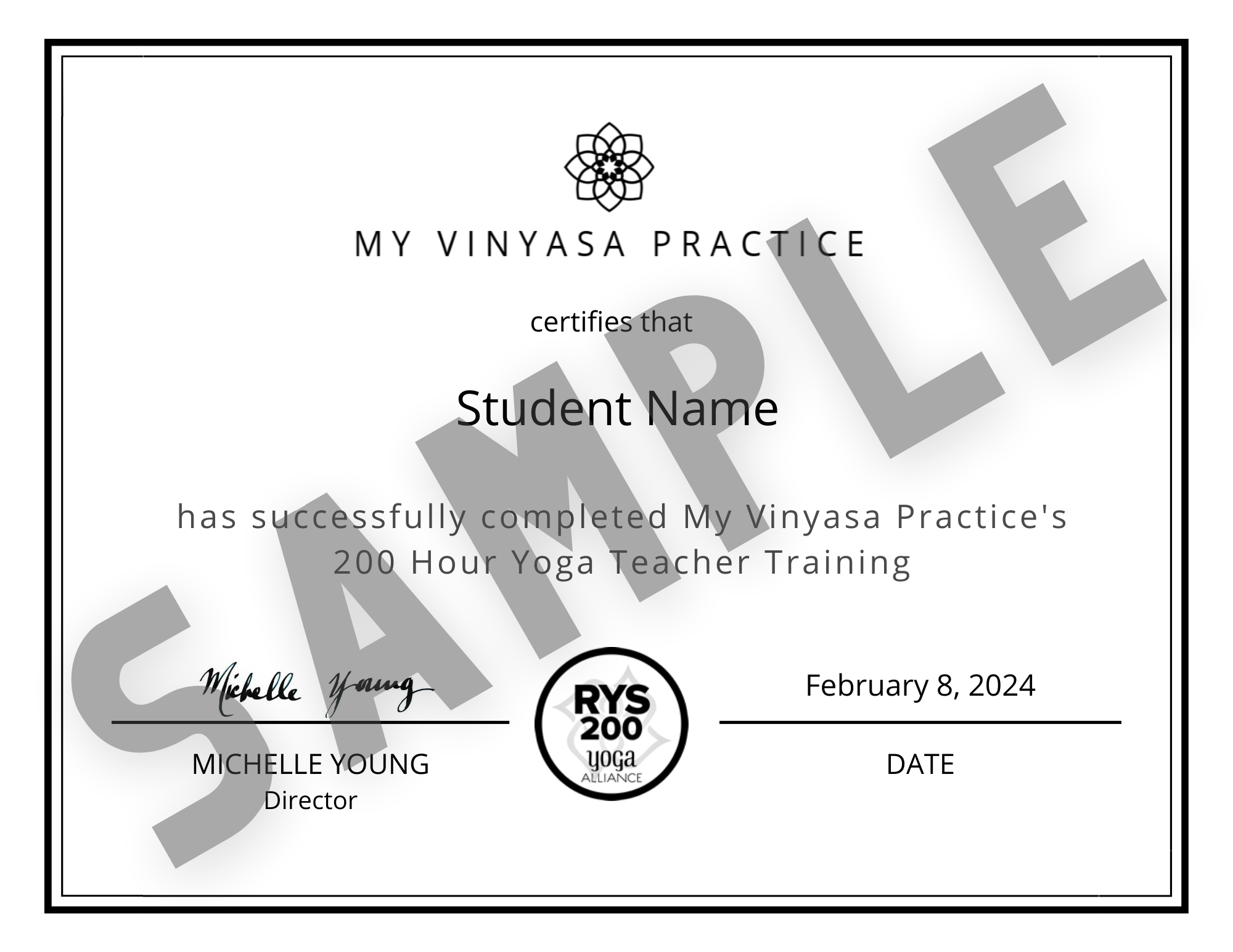 A sample certificate for My Vinyasa Practice's 200-hour Yoga Teacher Training