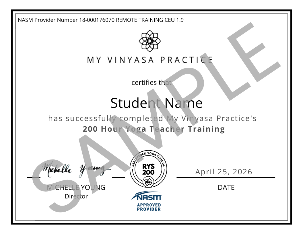 A sample certificate for My Vinyasa Practice's 200-hour Yoga Teacher Training