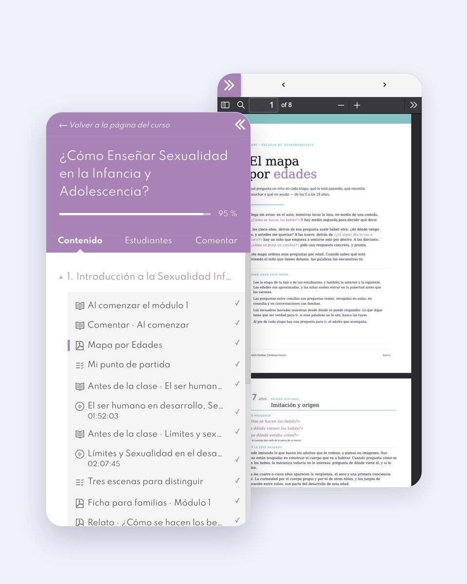 Pantalla de celular con el índice del módulo 1 del curso: Mapa por edades, actividades y relato.