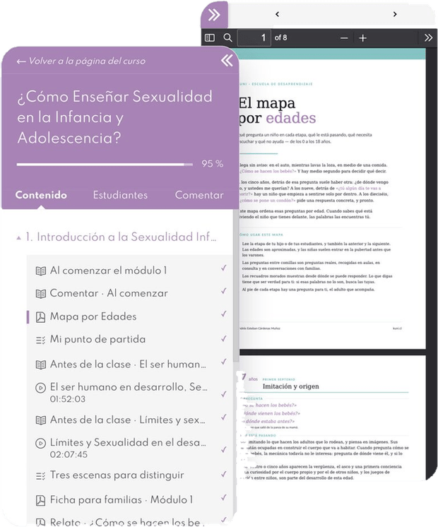 Pantalla de celular con el índice del módulo 1 del curso: Mapa por edades, actividades y relato.