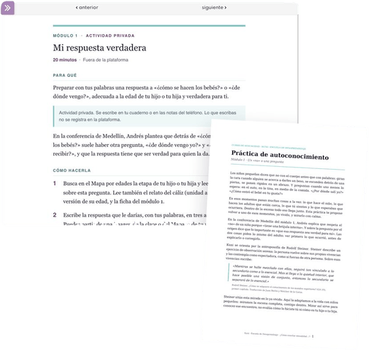 Página de una actividad del curso y portada de una práctica de autoconocimiento
