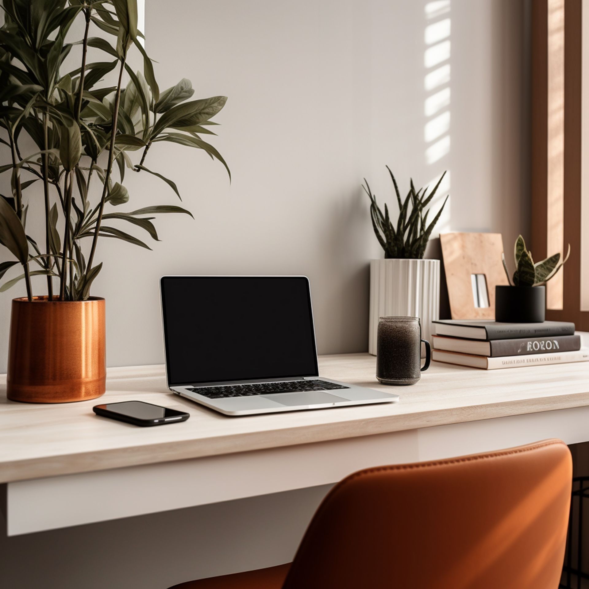 Desk with orange chair, open laptop, and coffee cup, representing the future of business operations.