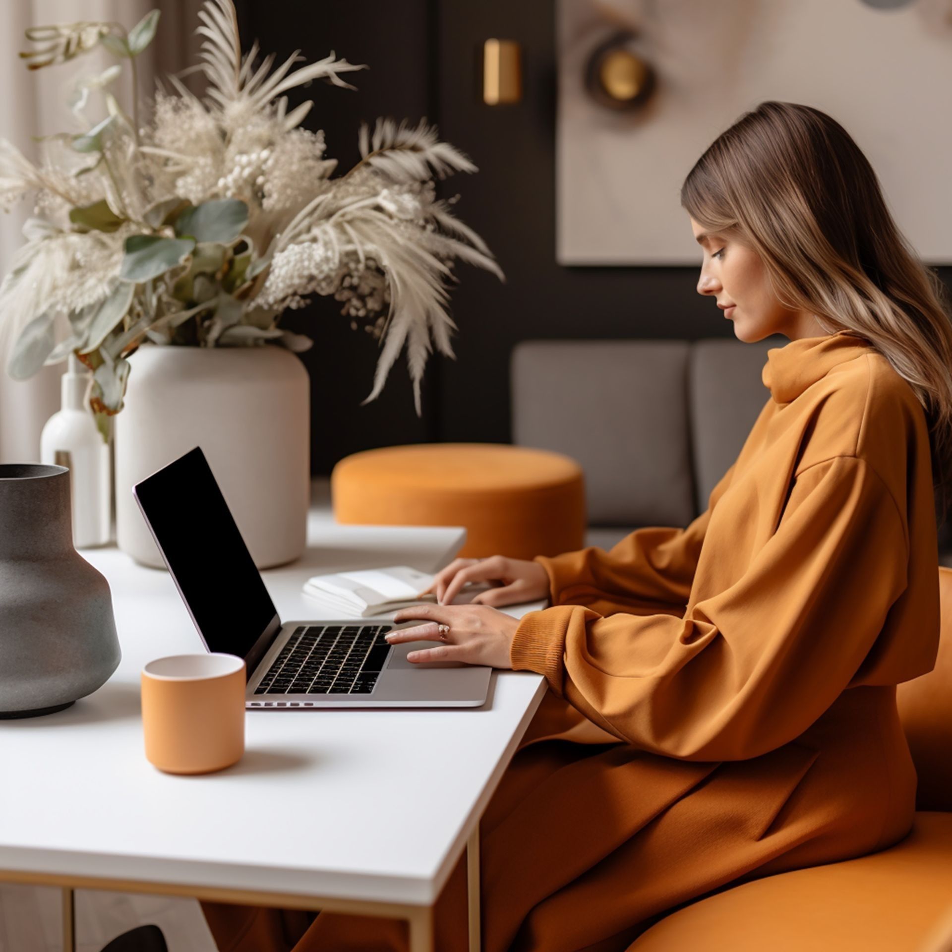 Woman sitting at desk working on laptop with coffee cup, illustrating the OBM career path.