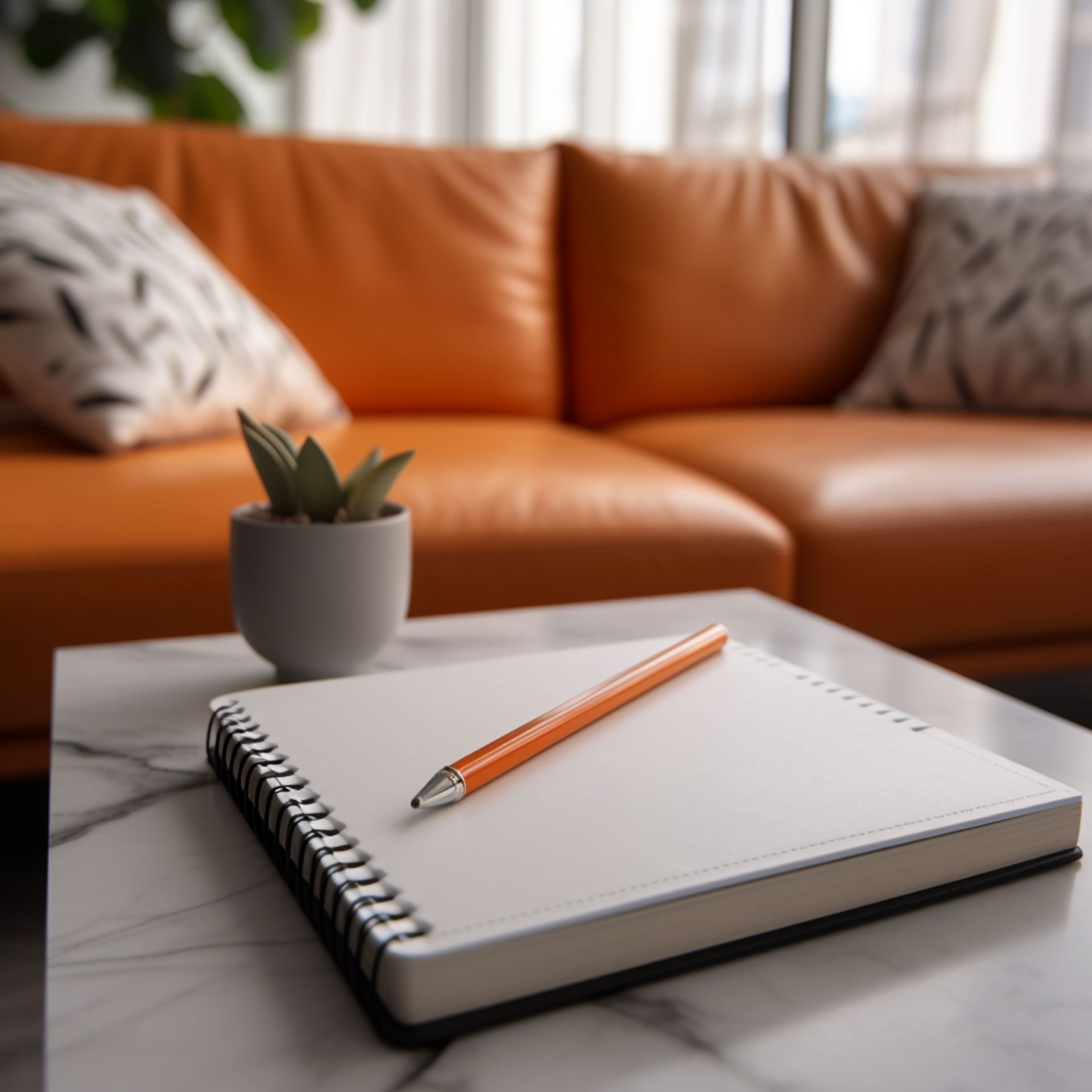 Table with pad of paper and orange pen