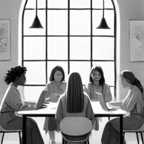 Group of women working at table