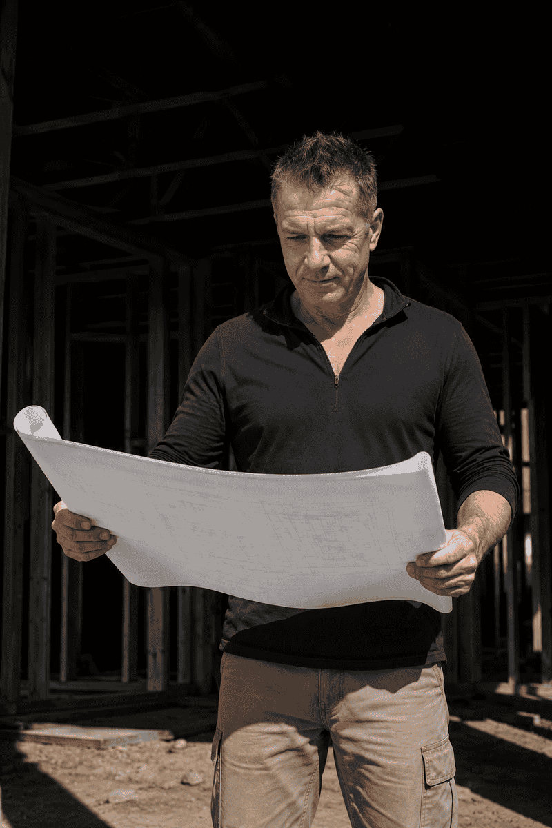 An owner builder reading building plans on their Queensland house site