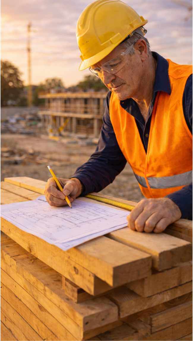 Construction supervisor wearing a hard hat and safety glasses reviewing building blueprints, representing WA White Card safety compliance.