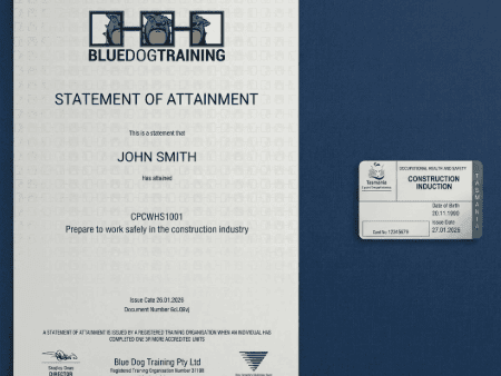 Tasmania Construction Induction White Card and Blue Dog Training Statement of Attainment for CPCWHS1001, issued by RTO 31193.