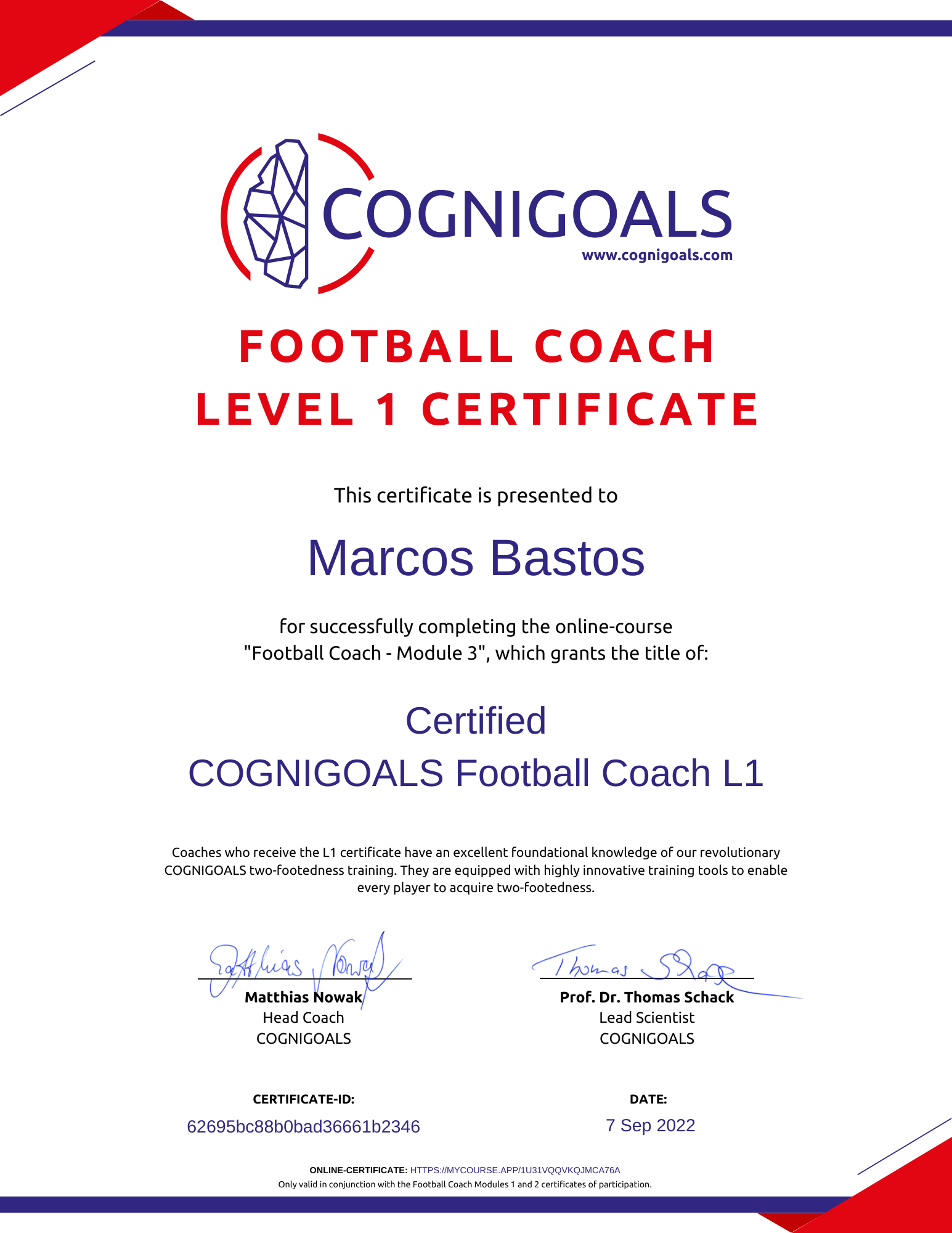 COGNIGOALS Sample Certificate