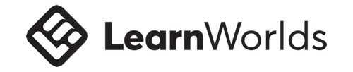 A black LearnWorlds logo on a white background.