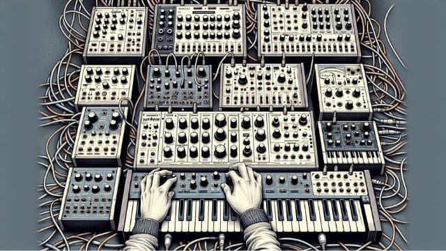 An illustration of analog synthesizers with various knobs and control interfaces