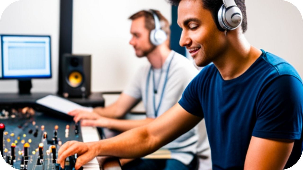 A recording engineer working in a recording studio with a music producer