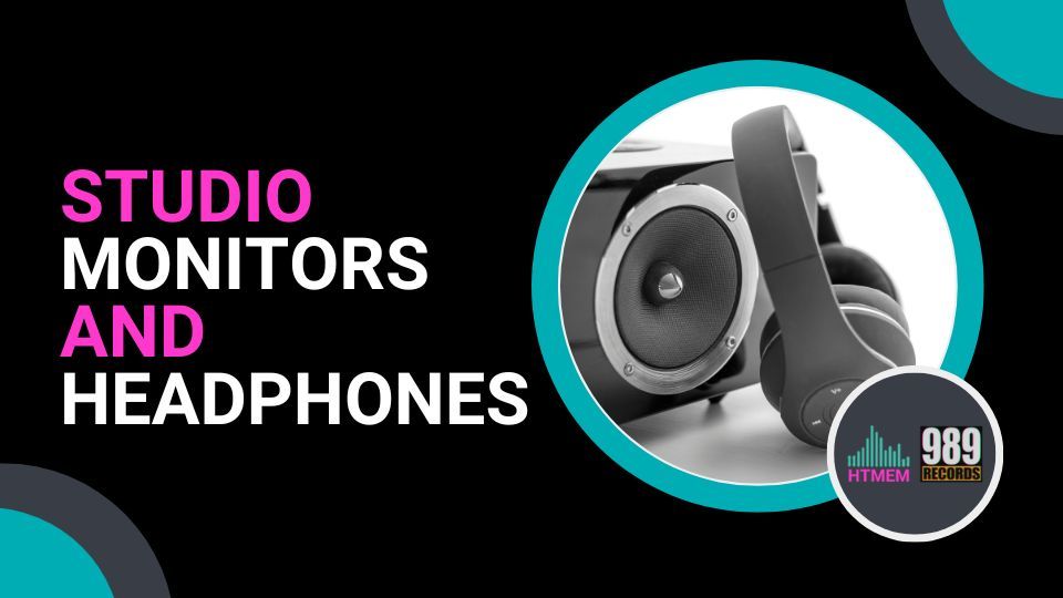 A pair of studio monitors and a pair of headphones