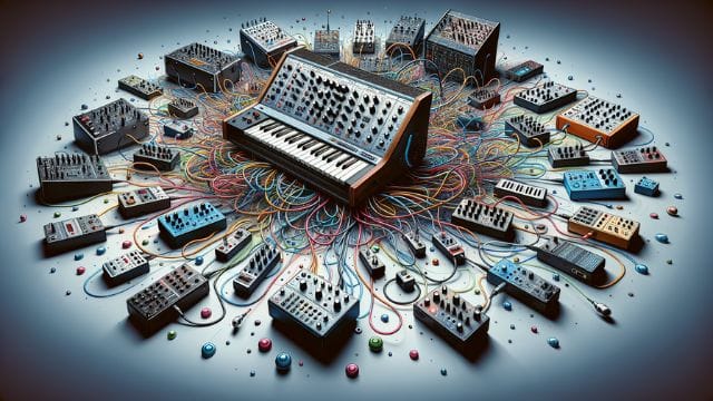 A creative illustration of analog synth accessories and integration options including MIDI controllers and effect pedals