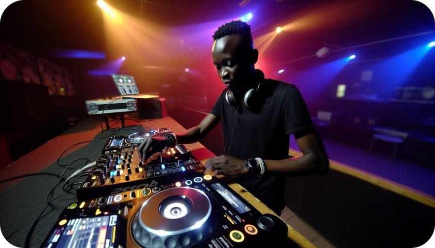 DJ performing live mix with multiple decks