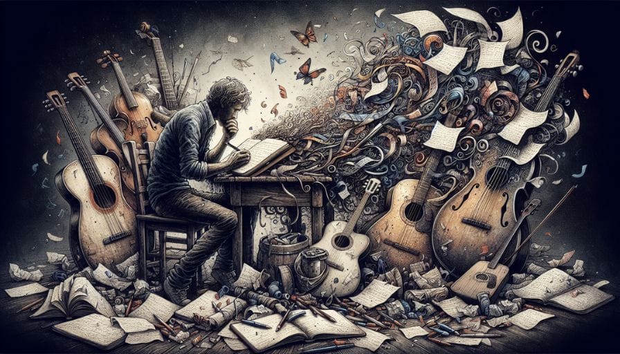 A person sitting with a diary, surrounded by musical instruments, pens, and papers, brainstorming song ideas