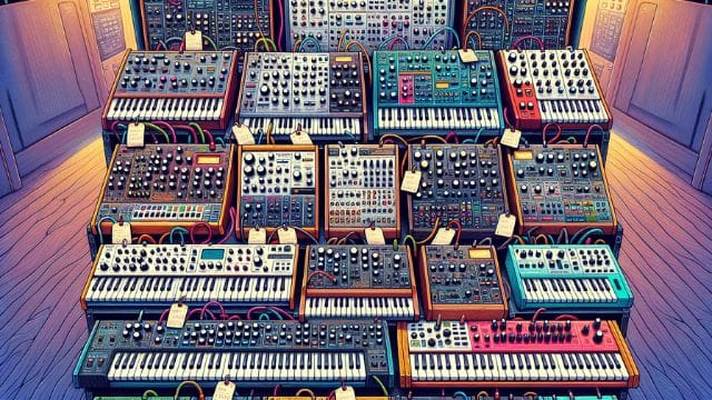 A colorful illustration of different analog synthesizers representing various budgets and skill levels
