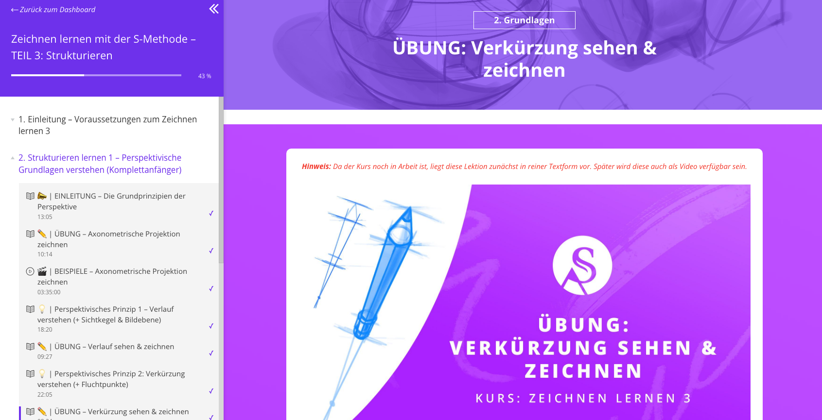 Screenshot Übung | Verkürzung sehen & zeichnen