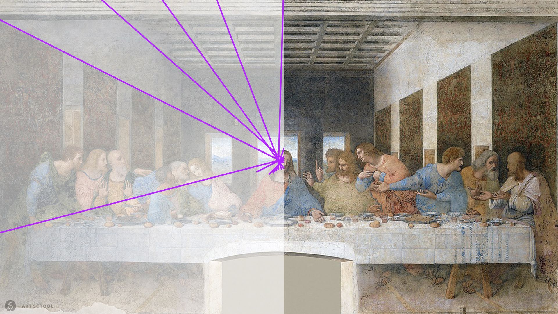 Verlauf Beispiel Kunst | »Das letzte Abendmahl« von Leonardo da Vinci, 1494-1498 | Die Decken- und seitlichen Tischlinien laufen grob am Kopf von Jesus zusammen. So entsteht nicht nur Bildtiefe, sondern auch ein Fokus auf die Hauptfigur im Bild.