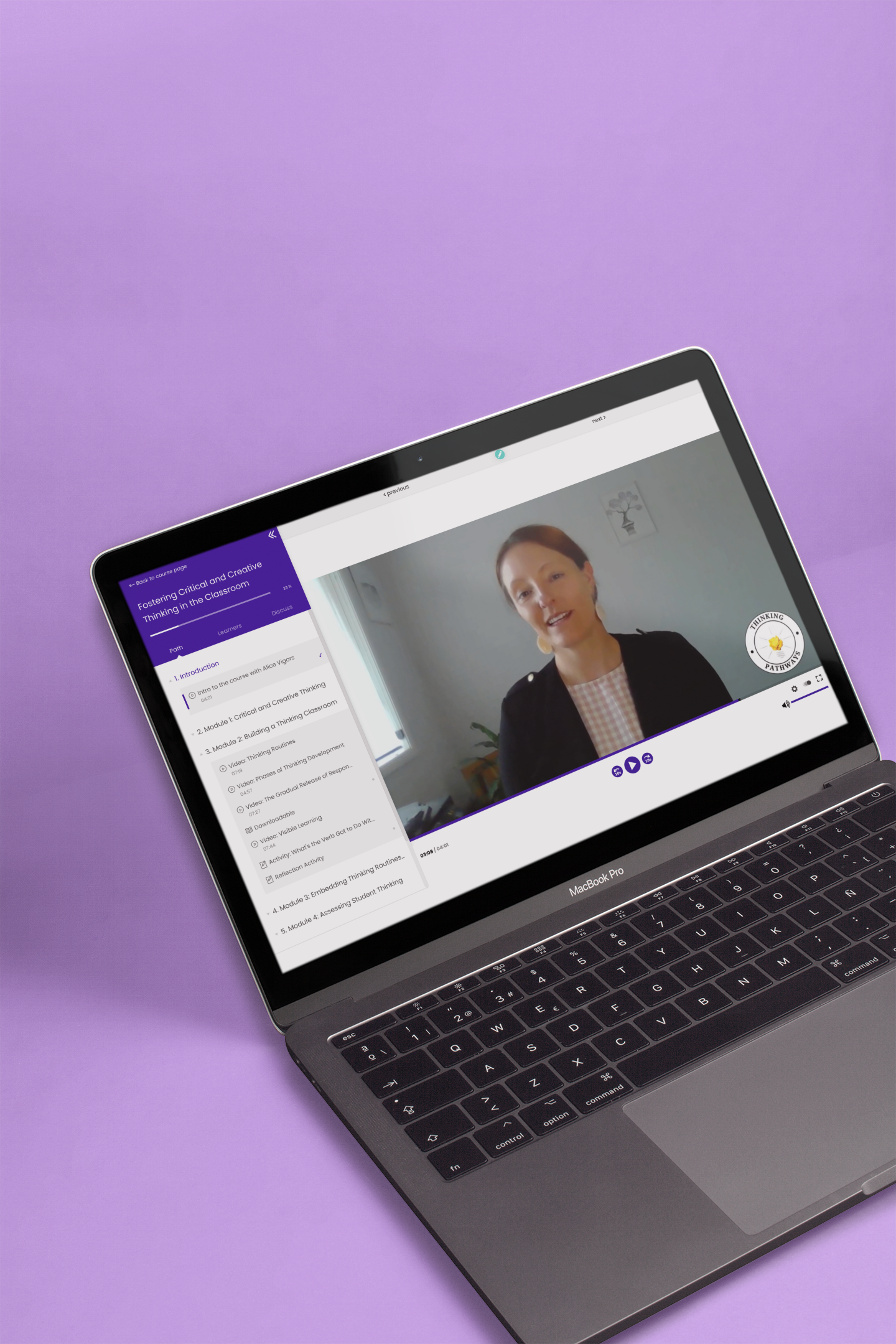 A ClassCover Learn course, Fostering Critical and Creative Thinking in the Classroom, playing on a laptop