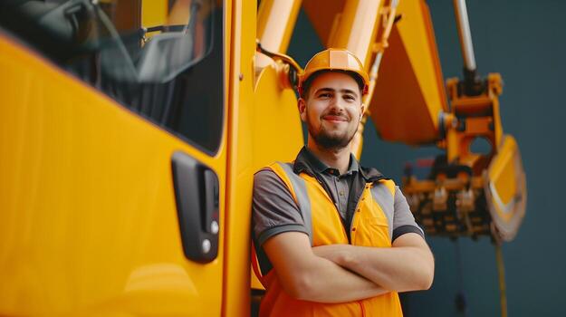A smiling construction worker wearing an orange safety vest and a yellow hard hat stands with his arms crossed next to yellow heavy construction machinery.