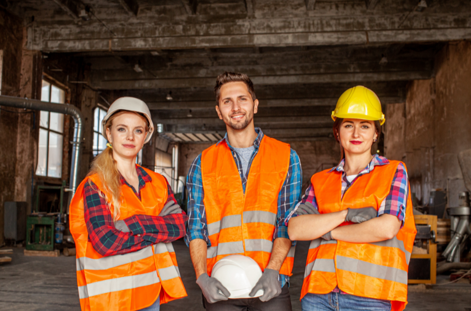 Équipe sécurité chantier construction professionnelle - gestionnaires prévention équipés gilets réfléchissants casques protection