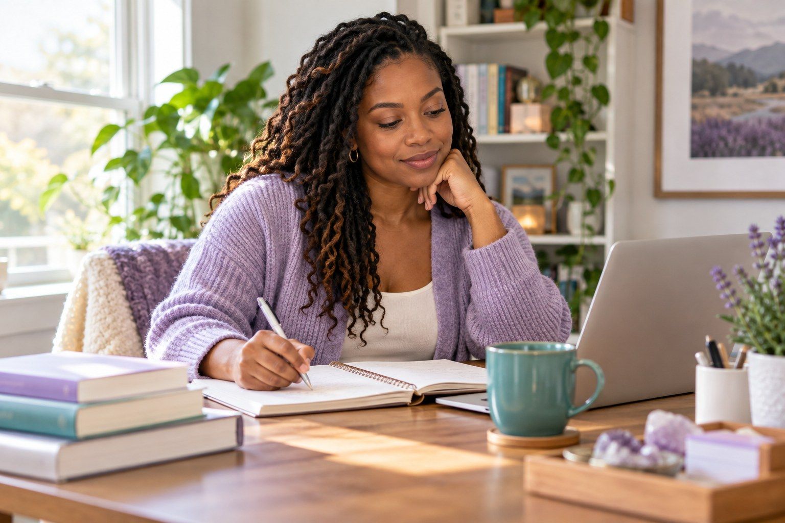 A learner reviewing notes and studying on a laptop at a bright home desk