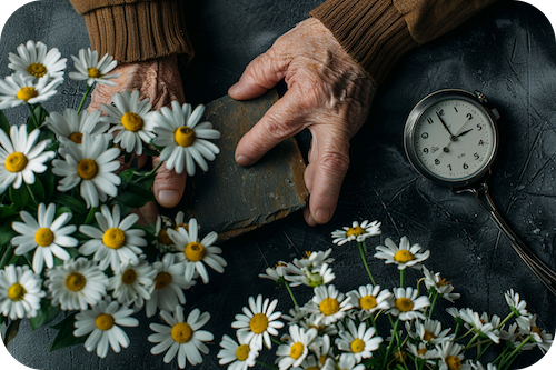 Bild mit Blumen und Uhr und alten Händen