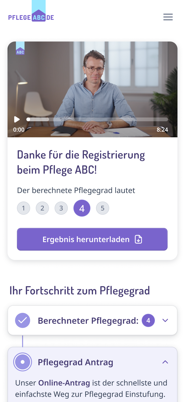 Startseite von mein.pflegeabc.de in der Mobil-Ansicht