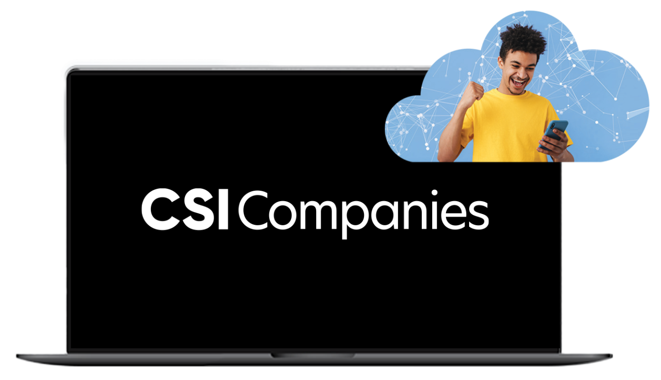 Computer with CSI Companies logo screensaver & a cloud frame in the top right corner, showing a man looking at his phone happily
