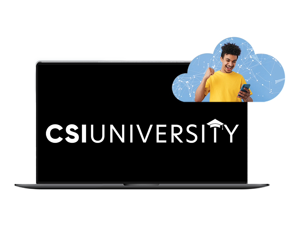 Computer with CSI Companies logo screensaver & a cloud frame in the top right corner, showing a man looking at his phone happily