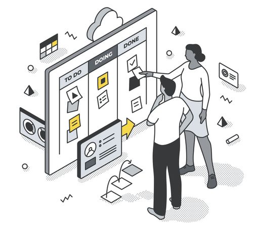 illustration of 2 person looking at a kanban planning board