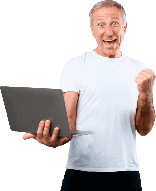 happy man with laptop excited about his success