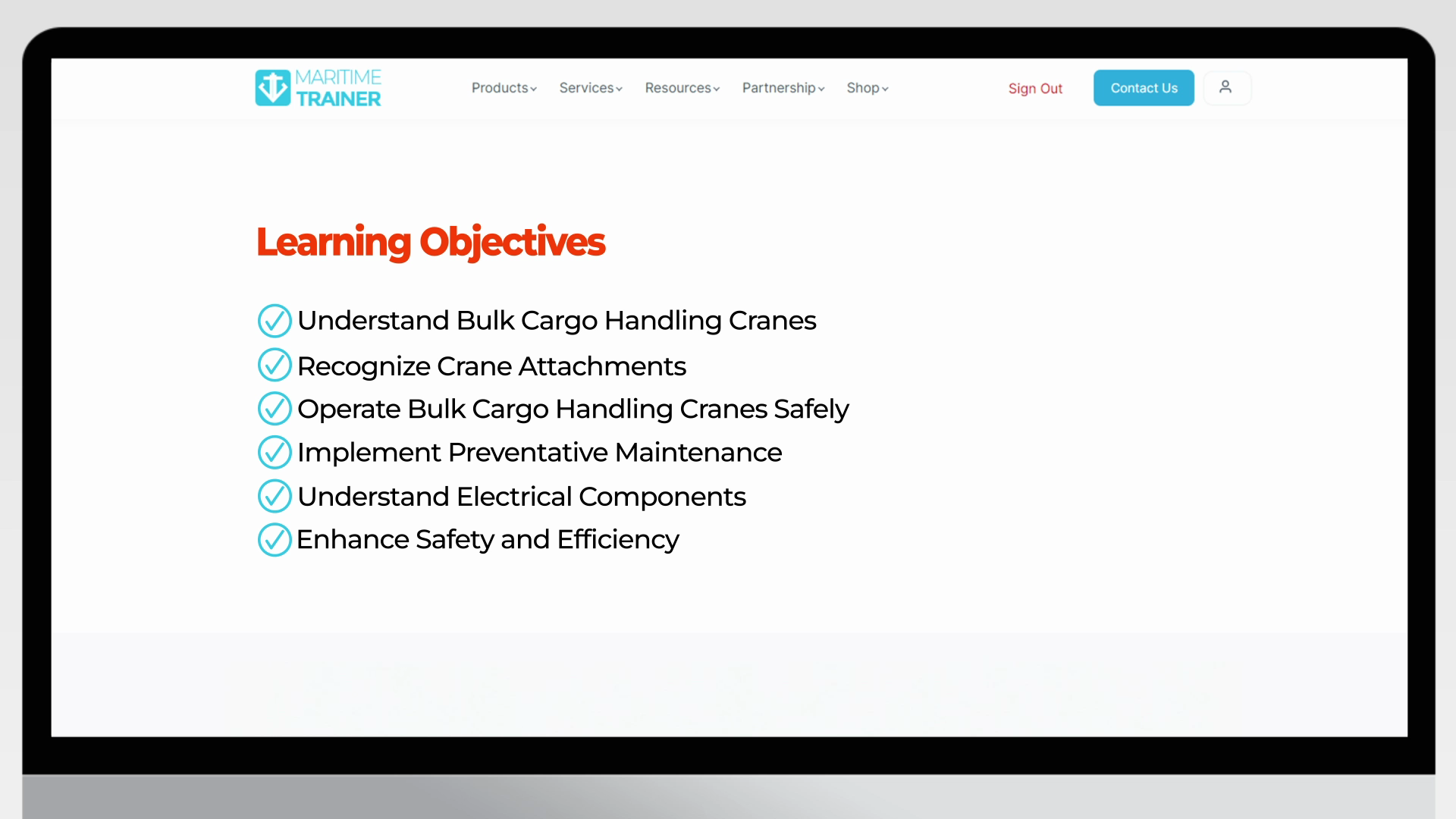 Learning objectives for Bulk Cargo Handling Crane Maritime Training Course for seafarers. Maritime Trainer.
