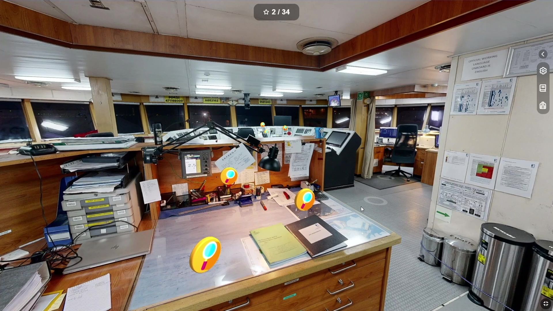Maritime Trainer's Digital Twin technology and showing ship deck and  big yellow points when clicking they expan and telling the related area