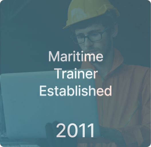 Graphic image showcasing 'Maritimetrainer Established 2011' with a figure in a hard hat working on a laptop.
