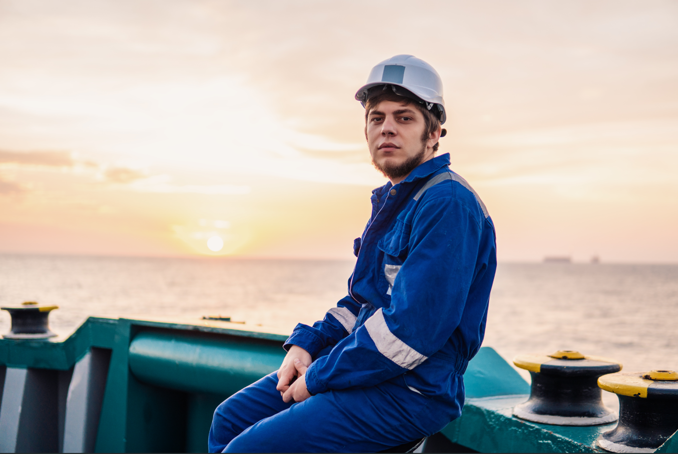 Seafarer resting on the ship deck during golden hour, highlighting the moments of respite in the demanding maritime industry.