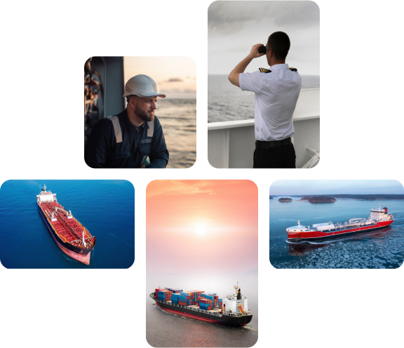 "A collage of maritime-themed images including a ship engineer, a lookout with binoculars, and various ships at sea, representing diverse aspects of seafaring life.