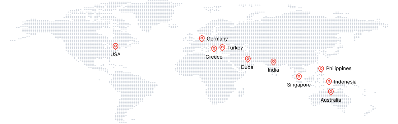 Global map indicating the international presence of Maritime Trainer locations in the USA, Turkey, Greece, Dubai, India, Singapore, Philippines, Indonesia, and Australia.