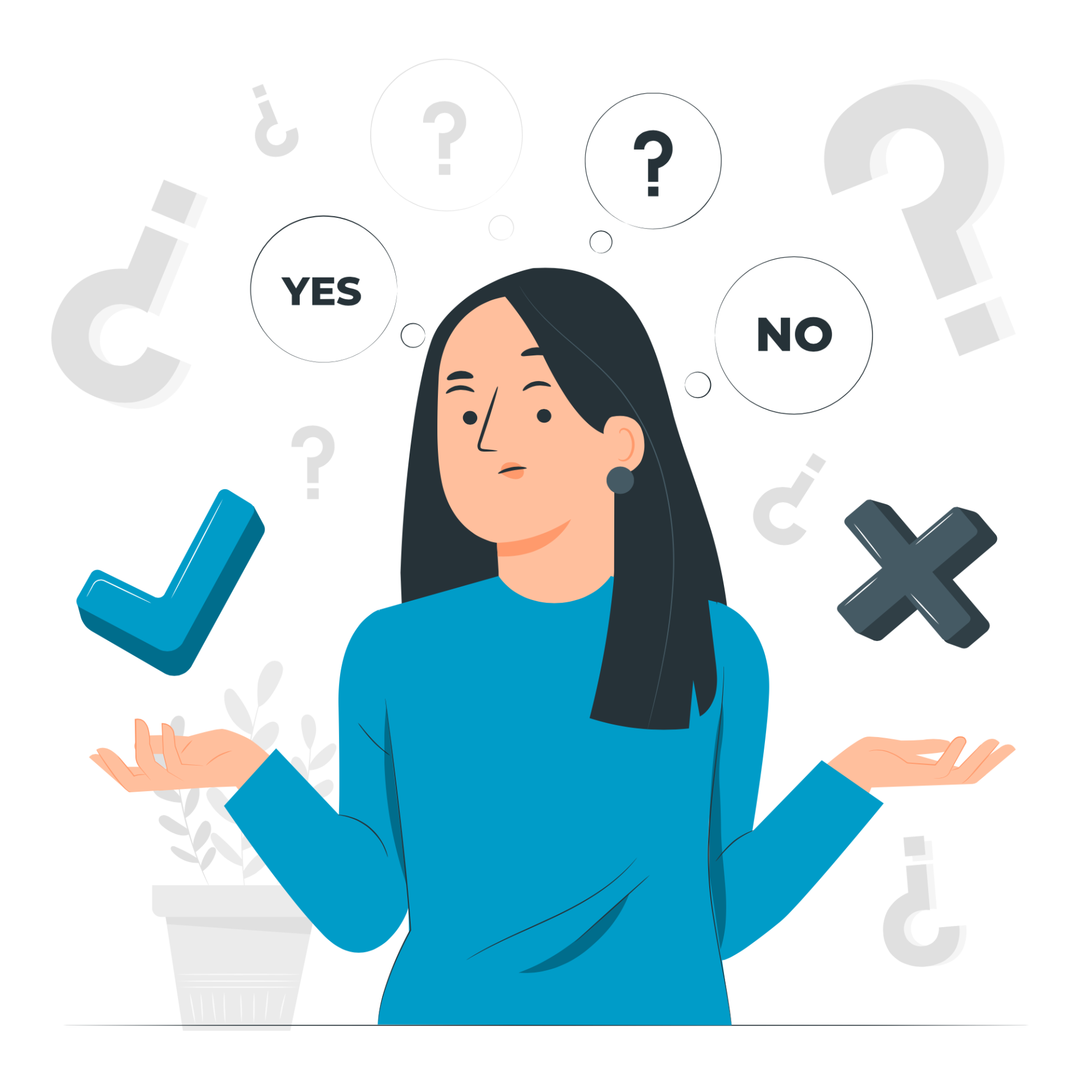 Illustration of a woman weighing 'yes' and 'no' options with checkmark and cross symbols under 'Conclusion' label.