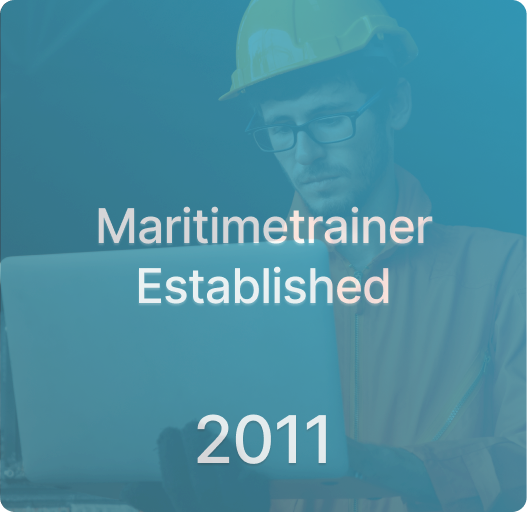 Graphic image showcasing 'Maritimetrainer Established 2011' with a figure in a hard hat working on a laptop.