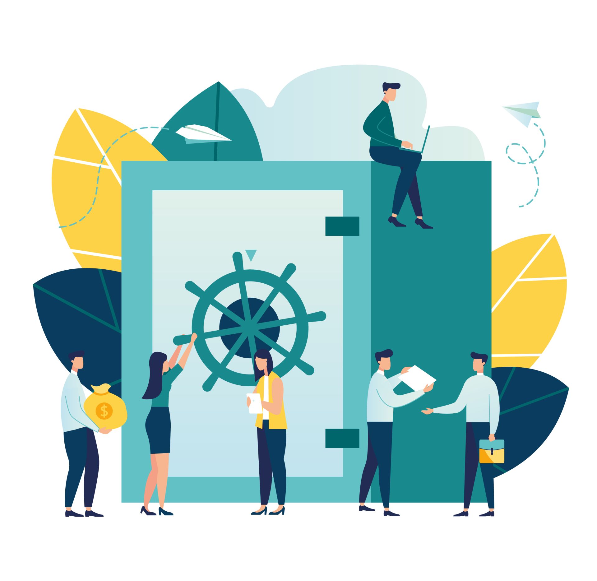 An abstract illustration of a group of professionals in business attire collaborating around a large safe door with a ship's wheel, symbolizing maritime finance or management.