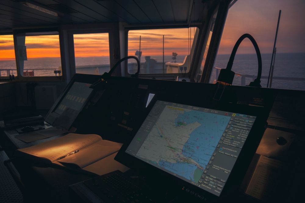 wheelhouse in modern ship with ECDIS and Bridge Log book