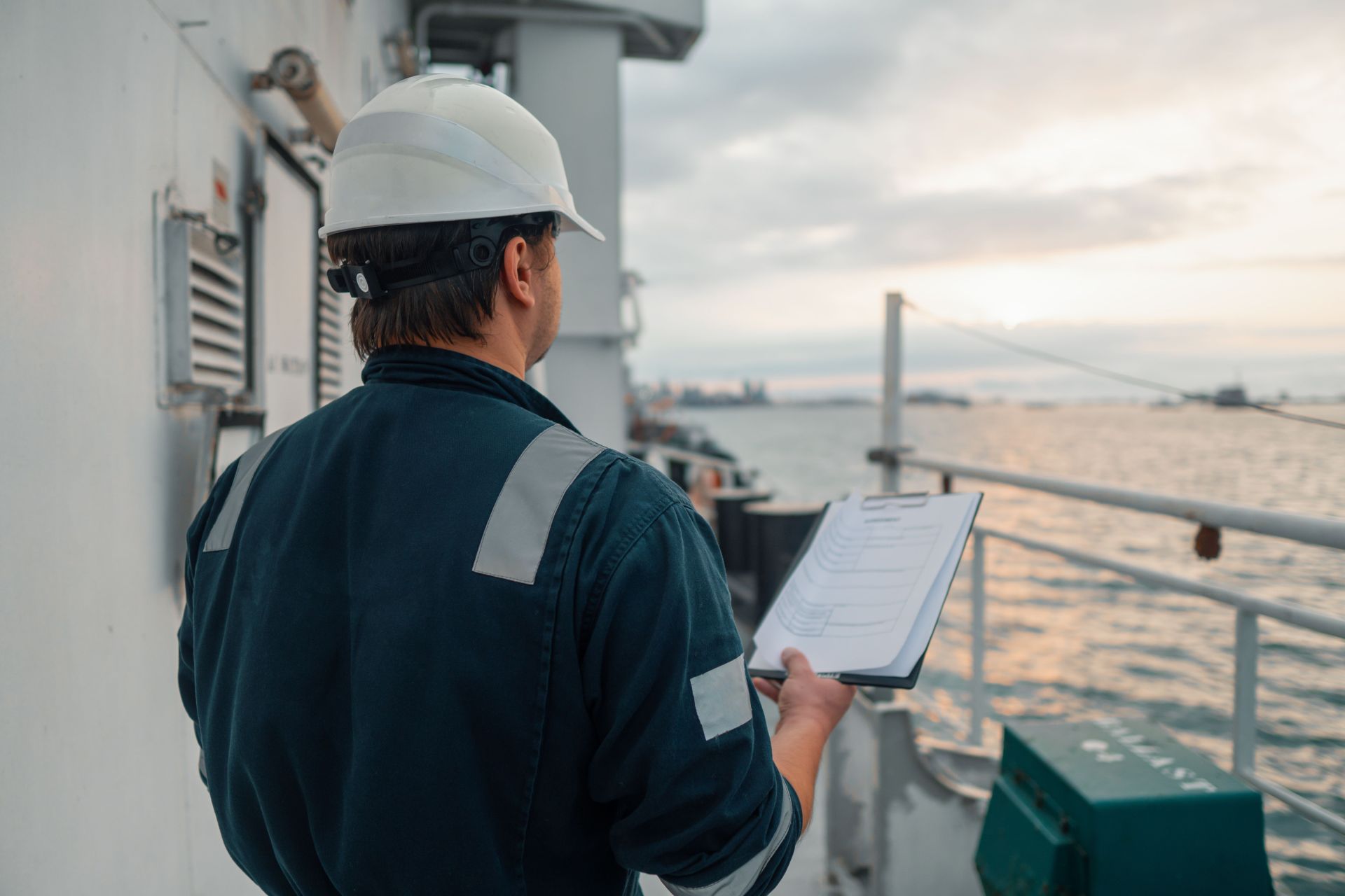 "Maritime safety officer conducting routine inspection on ship's deck at dawn, clipboard in hand, overseeing harbor operations.