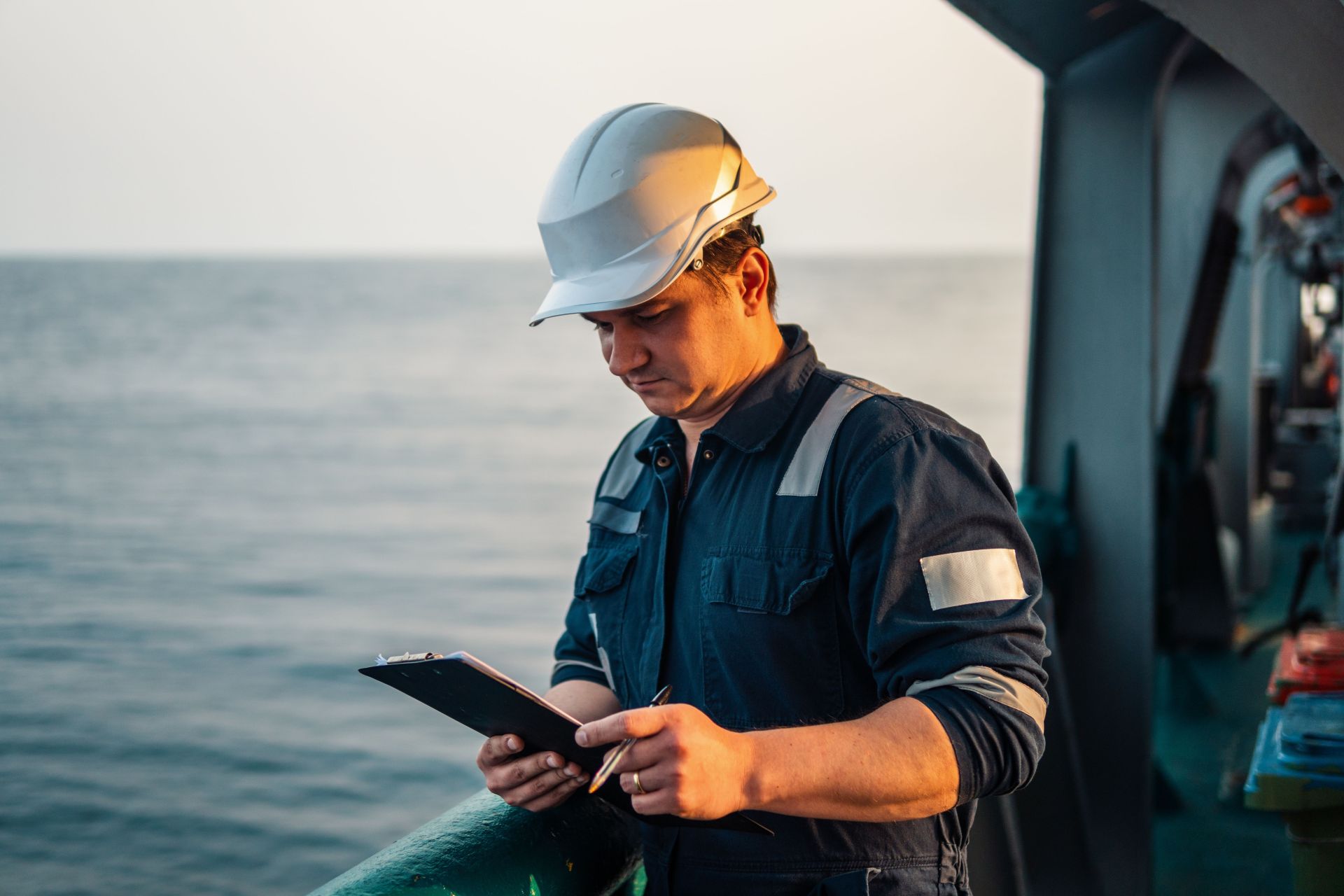 Male marine engineer inspecting with clipboard on ship deck at sunset, wearing safety helmet and coveralls.